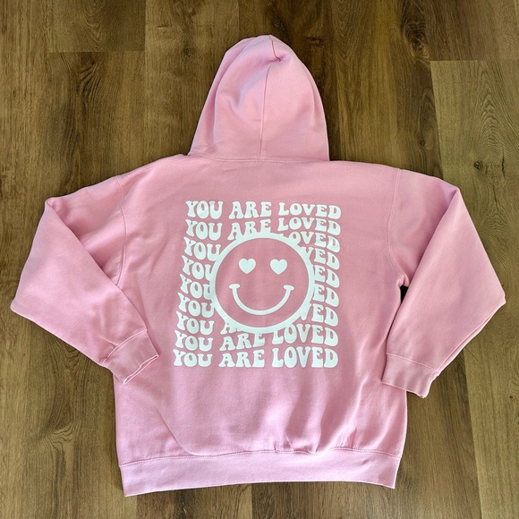 You Are Loved Valentine Pink Smiley Face Hoodie Sweatshirt by The Shop Forward - Picture 7 of 10